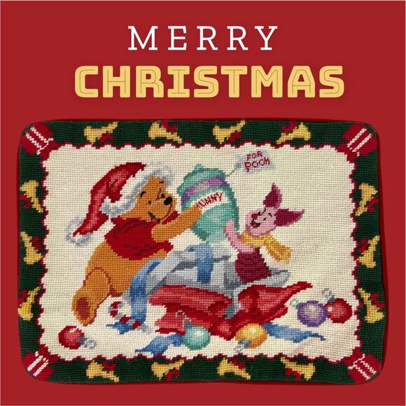 Winnie the Pooh Disney Needlepoint Christmas Pillow Sham Case Decor Red Velvet - Picture 1 of 6